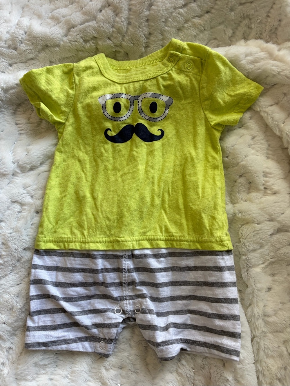 Cherokee Boys Neon Striped Mustache & Glasses Romper — 6–9M 👶💚🧡